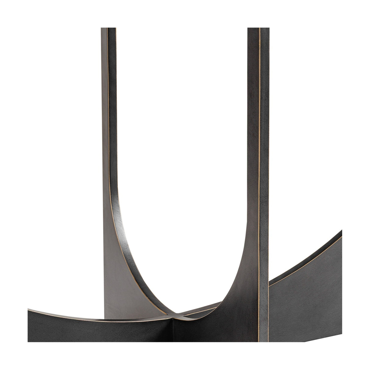 Close-up of Libra Interiors Sculpted Glass & Iron Console Table base, showing intersecting arched iron curves in a black and bronze gilded finish.