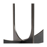 Close-up of Libra Interiors Sculpted Glass & Iron Console Table base, showing intersecting arched iron curves in a black and bronze gilded finish.