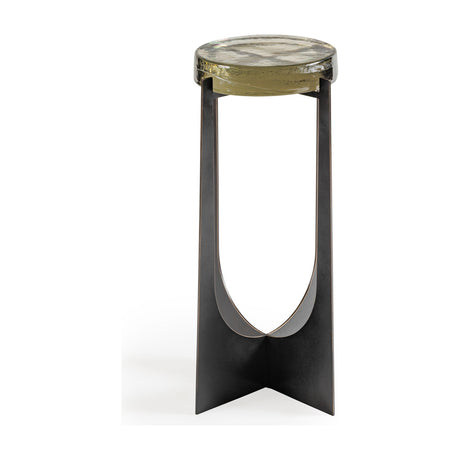 Libra Interiors Hammered Glass Arched Iron Side Table in bronze, with a textured round glass top on a sculptural laser-cut arched black iron base.
