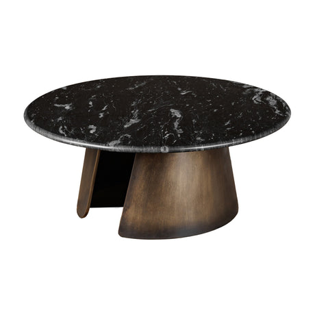 Libra Interiors Round Black Marble Smoked Gold Coffee Table with veined marble top on a curved iron base, shown on a plain white background.