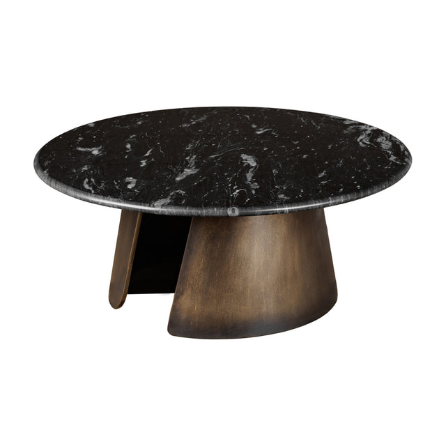 Libra Interiors Round Black Marble Smoked Gold Coffee Table with veined marble top on a curved iron base, shown on a plain white background.