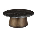 Libra Interiors Round Black Marble Smoked Gold Coffee Table with white and grey veined marble top on a curved smoked gold iron pedestal base.
