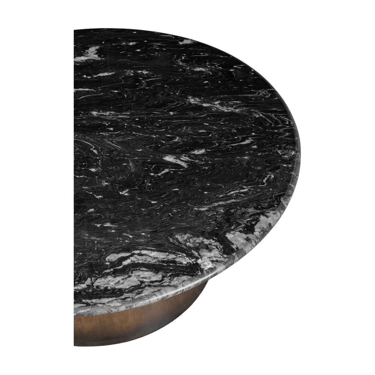 Libra Interiors Round Black Marble Smoked Gold Coffee Table shown in close-up, highlighting the polished black Markino marble top with white and grey veining.