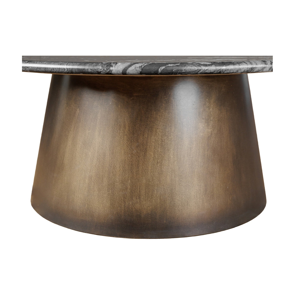 Libra Interiors Round Black Marble Smoked Gold Coffee Table shown close-up with veined marble top on a curved smoked gold iron pedestal base.