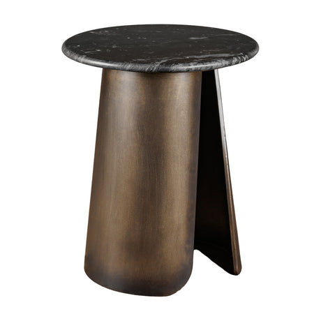 Libra Interiors Marble Top Smoked Gold side table with round black marble top and curved smoked gold iron base, shown on a white background.