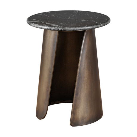 Libra Interiors Marble Top Smoked Gold Side Table with round black marble top and curved smoked gold iron base on a plain white background.