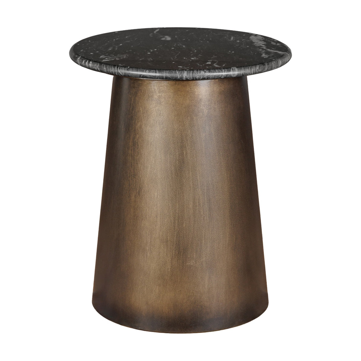 Libra Interiors Marble Top Smoked Gold side table with a round black marble top on a tapered smoked gold iron base, on a white background.
