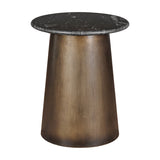 Libra Interiors Marble Top Smoked Gold side table with a round black marble top on a tapered smoked gold iron base, on a white background.