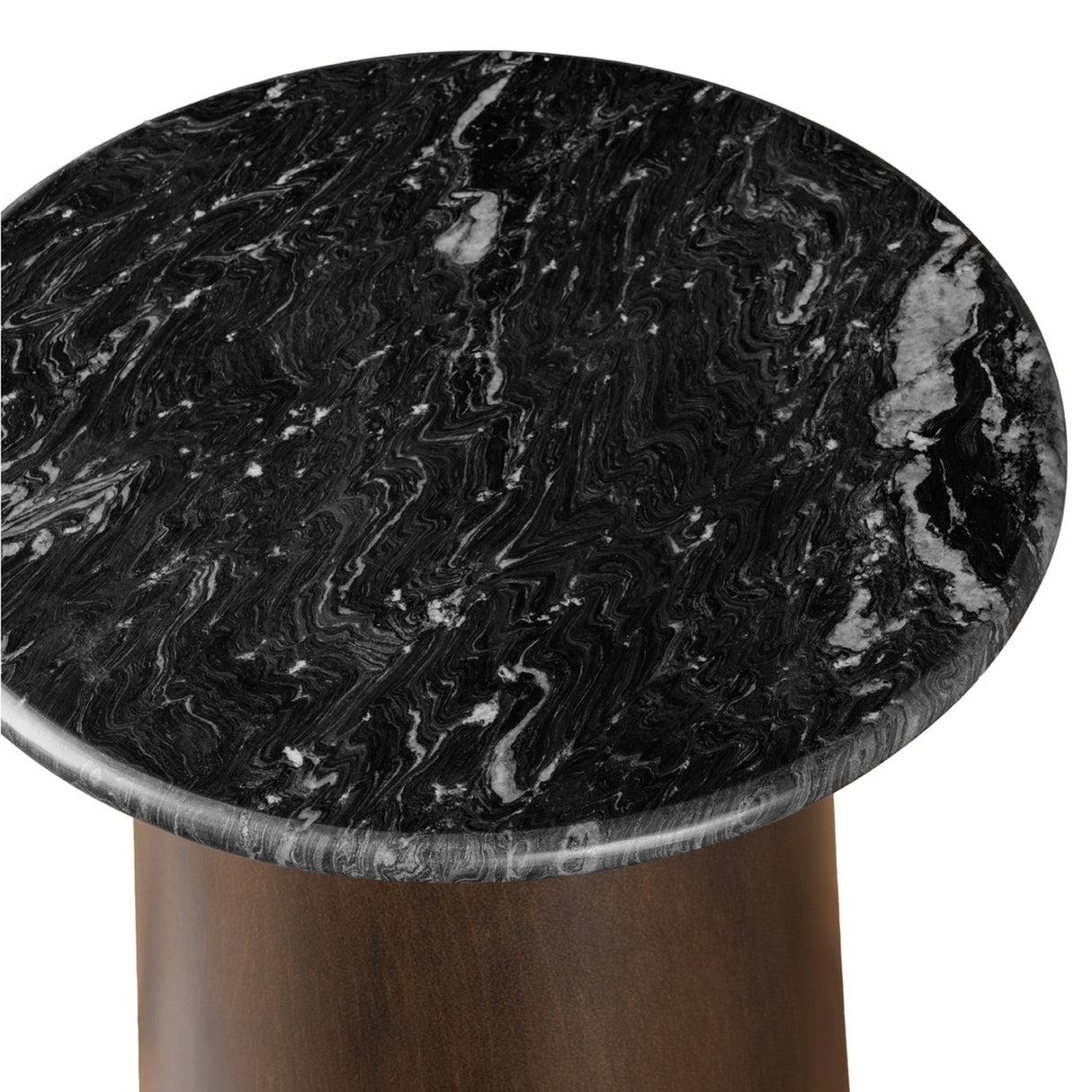 Close-up of Libra Interiors Marble Top Smoked Gold side table showing the black marble round top with white veining above a smoked gold base.