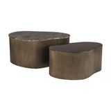 Libra Interiors Marble & Glass Nesting Coffee Table set in brown, with organic shapes, ridged burnished gold metal bases, marble and tinted glass tops.