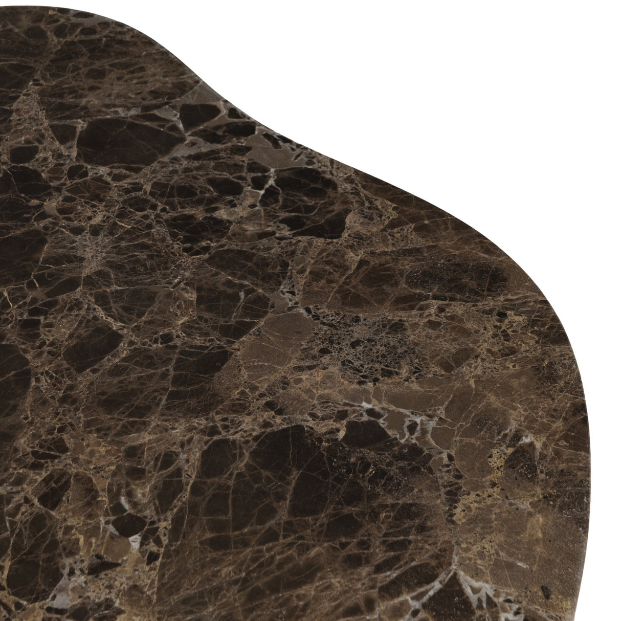 Close-up of the Libra Interiors Marble & Glass Nesting Coffee Table showing the larger top's polished Italian Emperador marble with warm brown veining.