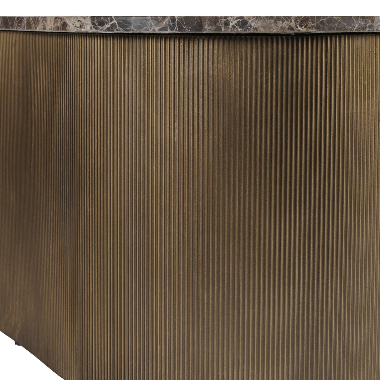 Libra Interiors Marble & Glass Nesting Coffee Table in brown, close-up of the polished Emperador marble top and corrugated burnished gold metal base.