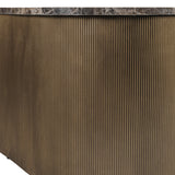Libra Interiors Marble & Glass Nesting Coffee Table in brown, close-up of the polished Emperador marble top and corrugated burnished gold metal base.