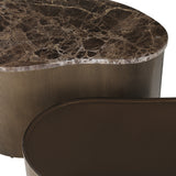 Libra Interiors Marble & Glass Nesting Coffee Table in brown, close-up of polished Emperador marble top and tinted glass beside corrugated gold bases.
