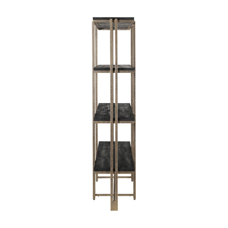 Libra Interiors Sandblasted Mango Wood Champagne Gold Wall Shelf, side view of the tall five-tier unit with black wood shelves and gold iron frame.