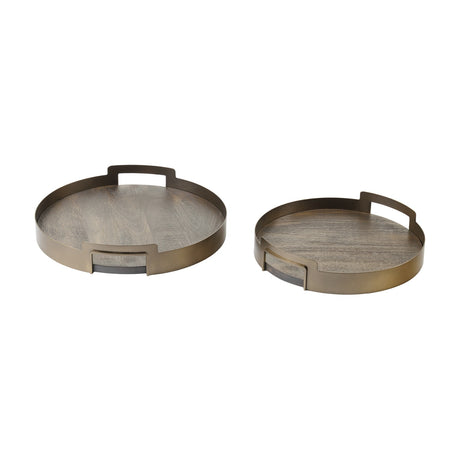 Libra Interiors Round Mango Wood & Smoked Gold Serving Tray set of two, nesting wood bases with smoked gold iron rims and cut-out handles.