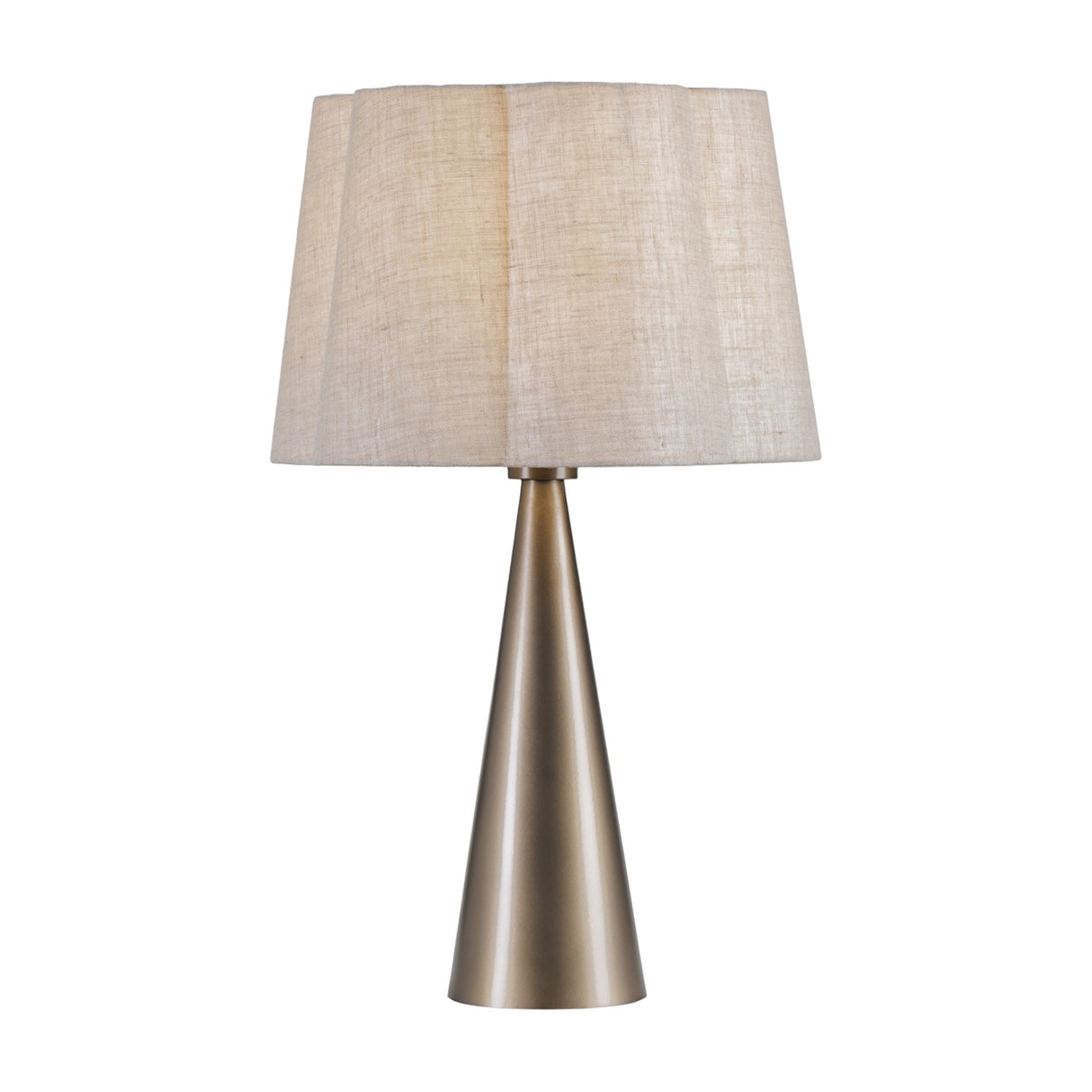 Libra Interiors Tapered Iron table lamp with a smoked gold cone base and scalloped natural linen shade, shown on a plain white background.
