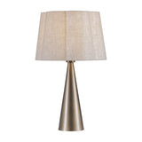 Libra Interiors Tapered Iron table lamp with a smoked gold cone base and scalloped natural linen shade, shown on a plain white background.