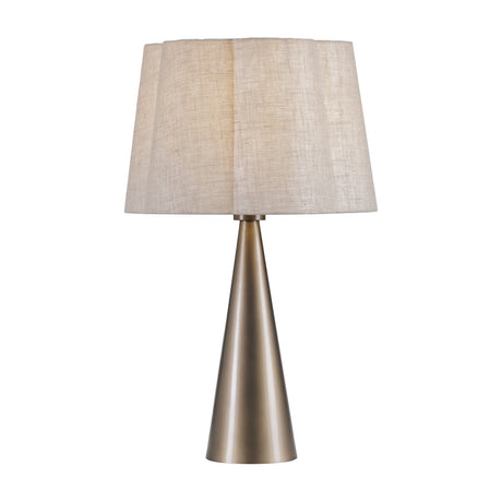 Libra Interiors Tapered Iron table lamp with a smoked gold cone base and scalloped natural linen shade, shown on a plain white background.