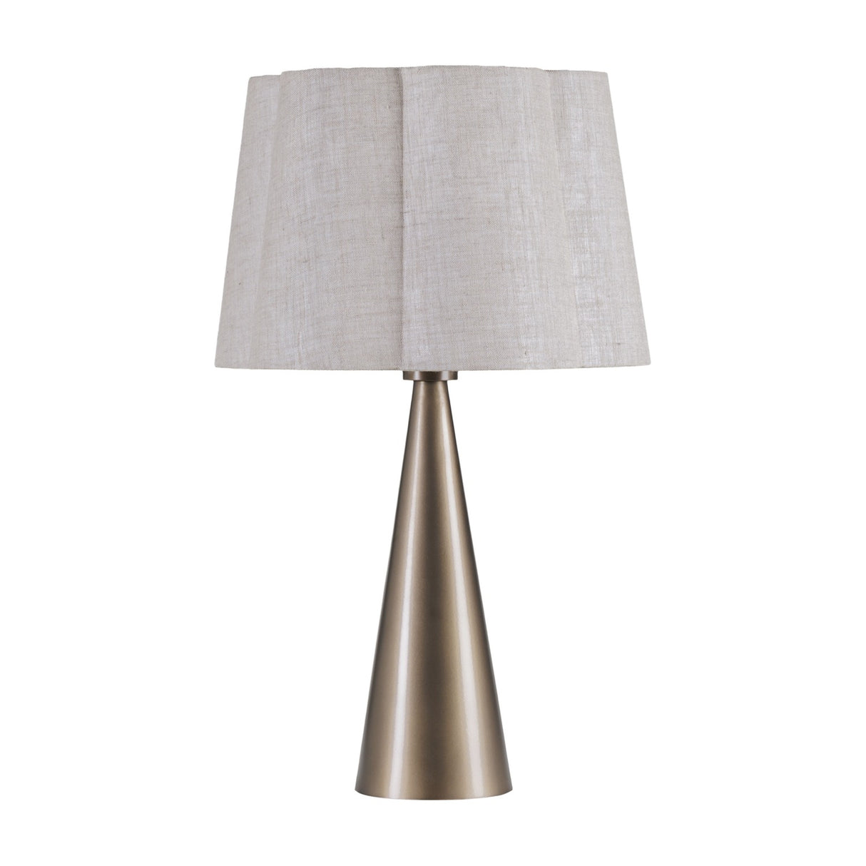 Libra Interiors Tapered Iron Smoked Gold table lamp with a cone-shaped bronze base and scalloped natural linen shade on a white background.