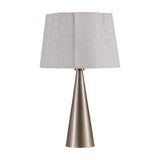 Libra Interiors Tapered Iron Smoked Gold table lamp with a cone-shaped bronze base and scalloped natural linen shade on a white background.