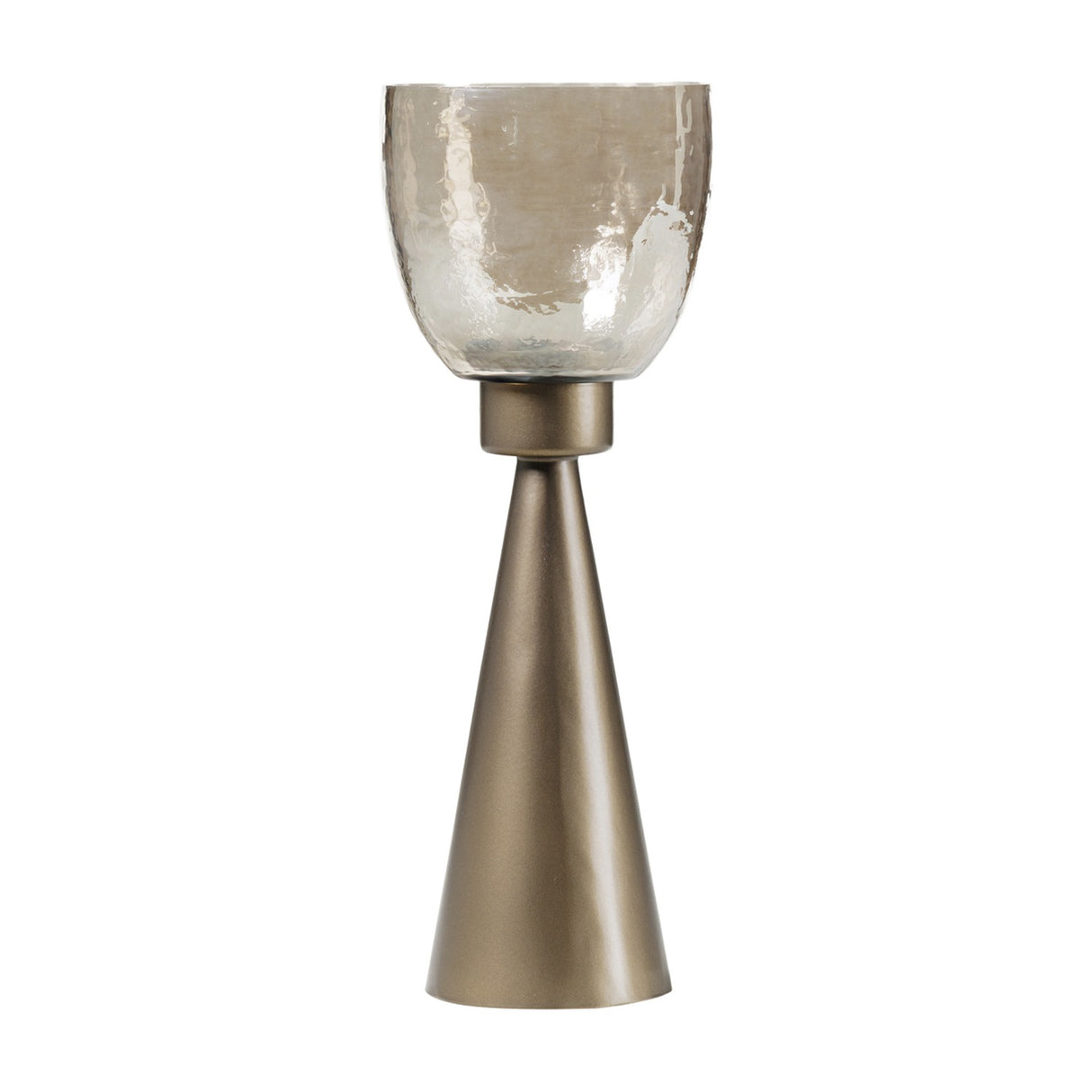 Libra Interiors Hammered Glass Tapered Hurricane Lantern in gold, with a smoke gold iron cone base and copper brown lustre glass vessel, on a white background.