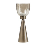 Libra Interiors Hammered Glass Tapered Hurricane Lantern in gold, with a smoke gold iron cone base and copper brown lustre glass vessel, on a white background.