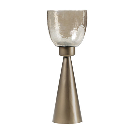 Libra Interiors Hammered Glass Tapered Hurricane Lantern in gold, with a smoke gold iron cone base and copper brown lustre glass vessel, on a white background.
