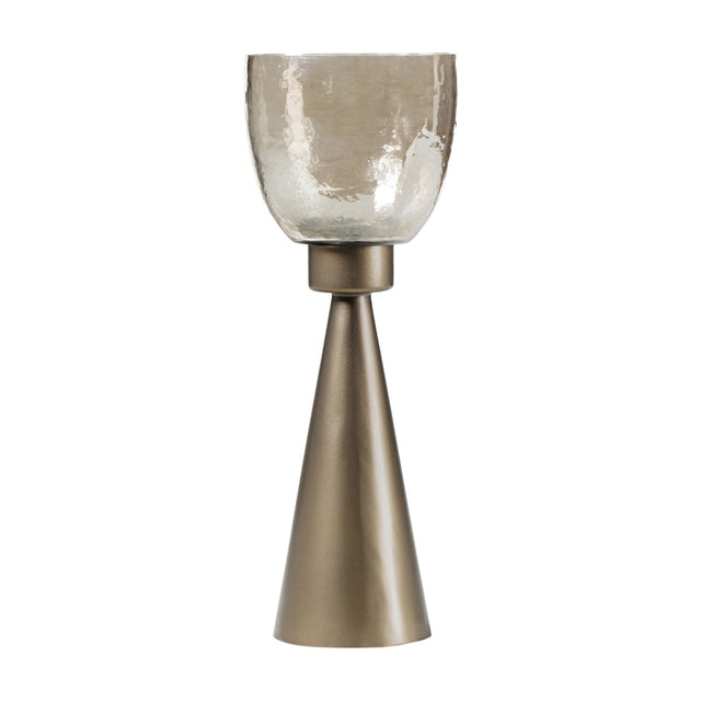 Libra Interiors Hammered Glass Tapered Hurricane Lantern in gold, with a smoke gold iron cone base and copper brown lustre glass vessel, on a white background.