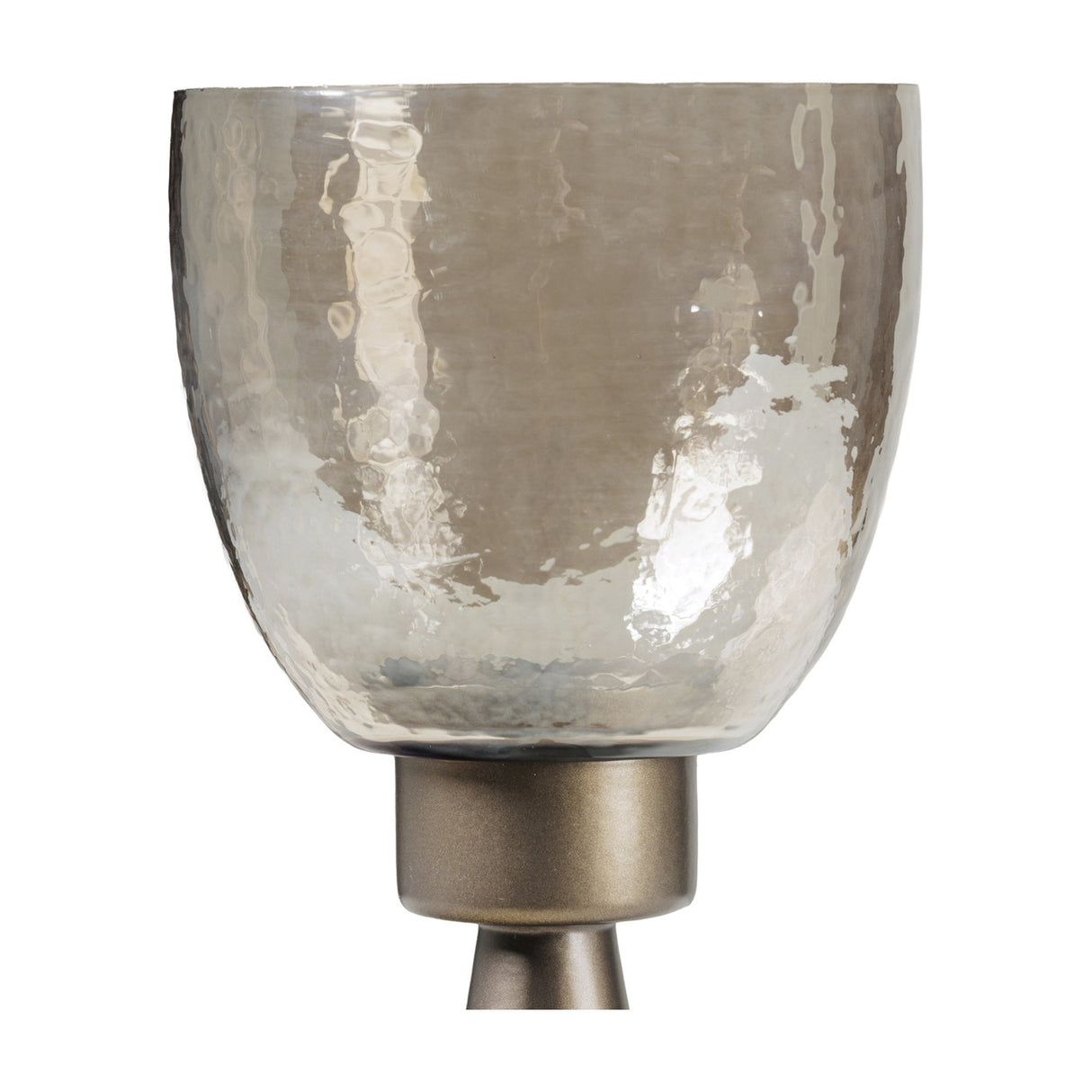 Libra Interiors Hammered Glass Tapered Hurricane Lantern in gold, close-up of the copper brown lustre glass vessel on a smoke gold iron base.