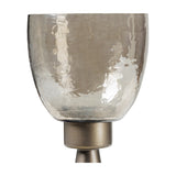 Libra Interiors Hammered Glass Tapered Hurricane Lantern in gold, close-up of the copper brown lustre glass vessel on a smoke gold iron base.