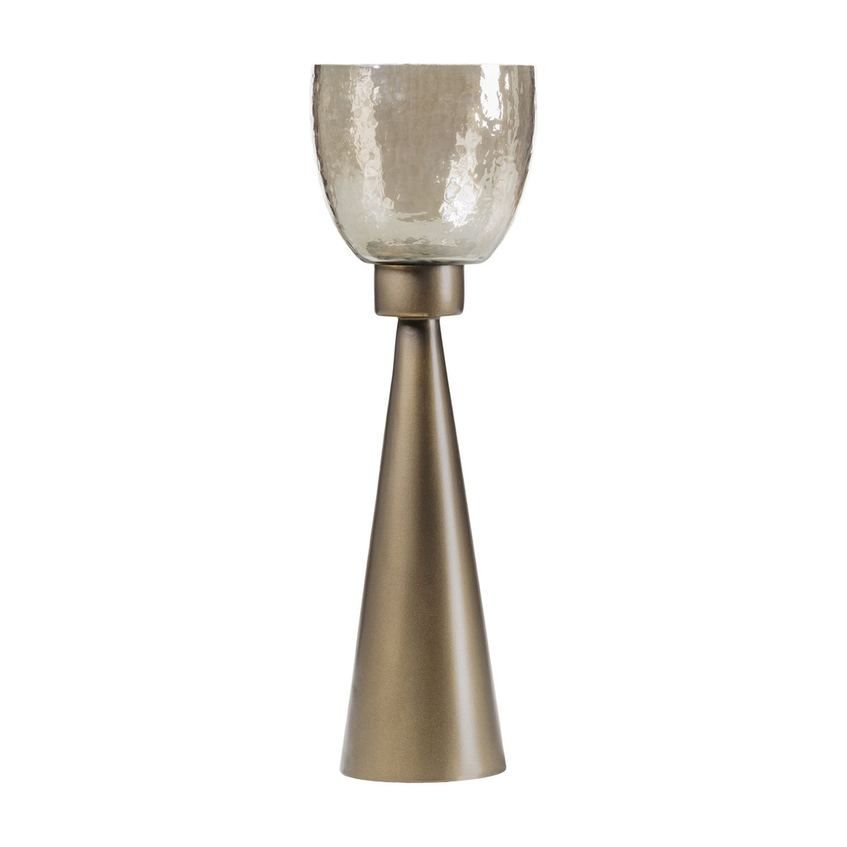 Libra Interiors Hammered Glass Smoke Gold Hurricane Lantern with tapered iron base and copper brown lustre glass cup, shown on a plain background.
