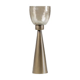 Libra Interiors Hammered Glass Smoke Gold Hurricane Lantern with tapered iron base and copper brown lustre glass cup, shown on a plain background.