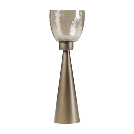 Libra Interiors Hammered Glass Smoke Gold Hurricane Lantern with tapered iron base and copper brown lustre glass cup, shown on a plain background.