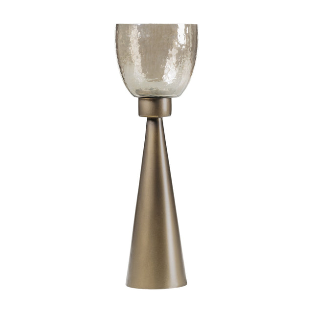 Libra Interiors Hammered Glass Smoke Gold Hurricane Lantern with tapered iron base and copper brown lustre glass cup, shown on a plain background.