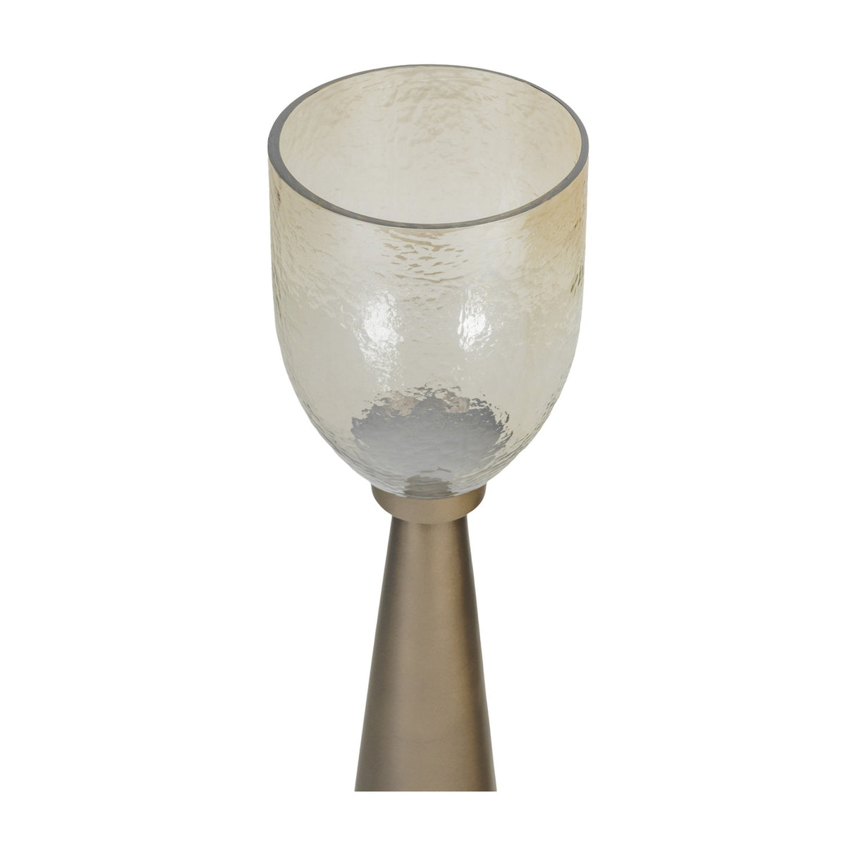 Libra Interiors Hammered Glass Smoke Gold Hurricane Lantern with tapered iron base and hand blown copper lustre glass cup, shown on a white background.
