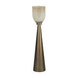 Libra Interiors Tapered Iron Hammered Glass Floor Lantern in gold with a smoke gold conical iron base and copper lustre hammered glass vessel.