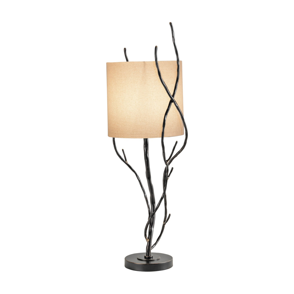 Libra Interiors Branch Iron Twig table lamp in black with hand-forged twisting branch stems, round base and cylindrical linen shade, on a white background.