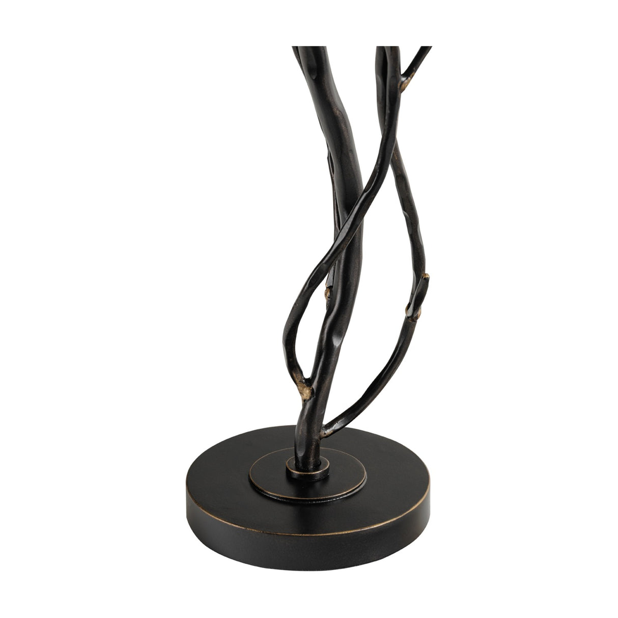 Close-up of the Libra Interiors Branch Iron Twig Table Lamp base, showing hand-forged black iron stems with bronze highlights rising from a round weighted base.