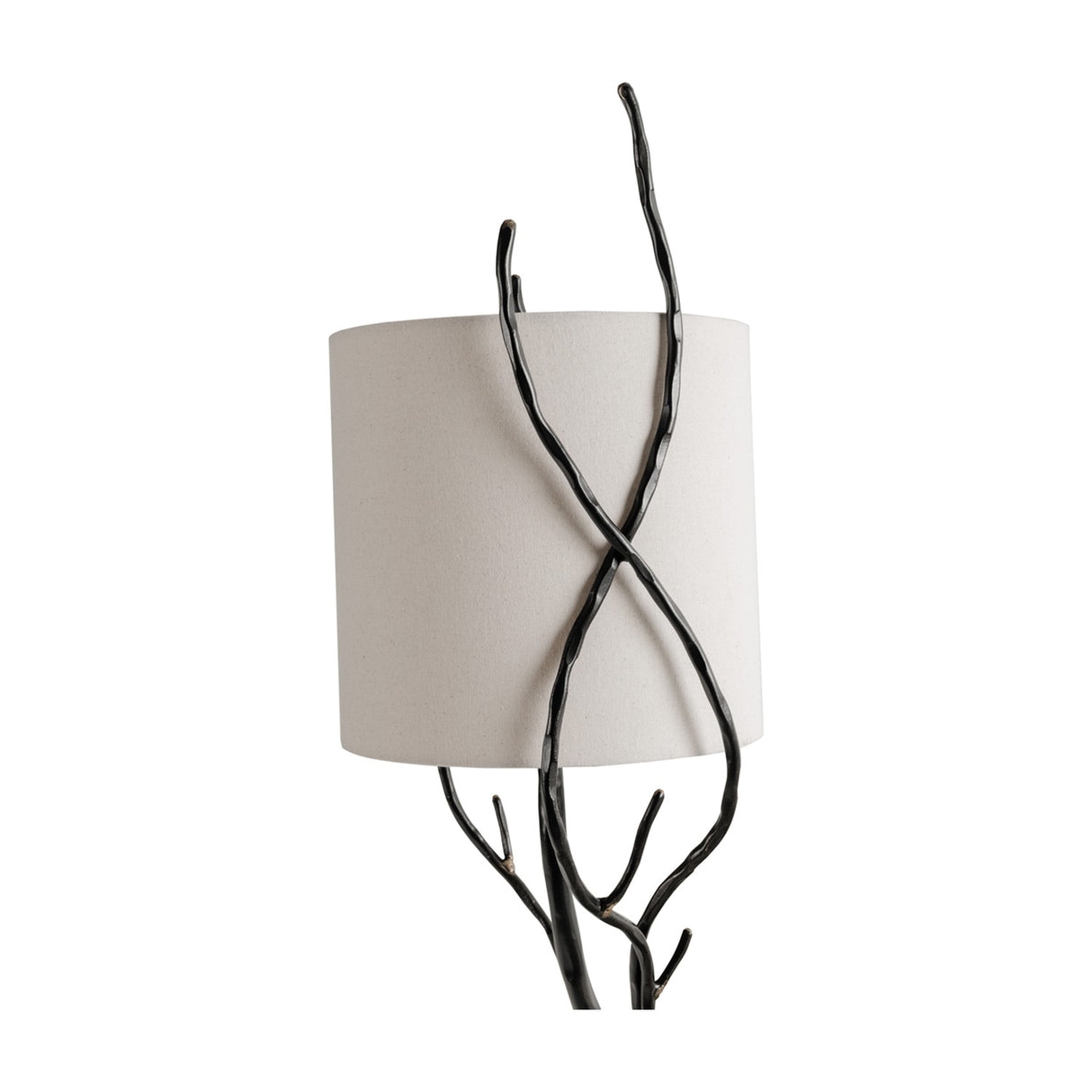 Libra Interiors Branch Iron Twig table lamp in black with hand-forged twisting stems and a cylindrical linen shade, shown on a white background.