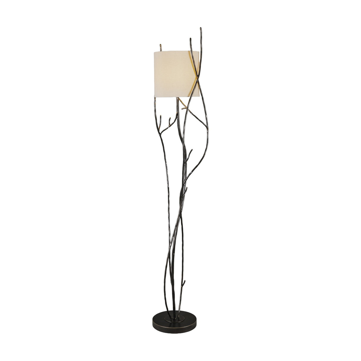 Libra Interiors Branch Iron Blackened Floor Lamp in hand-forged black iron with twisting branch stems, round base and cream linen drum shade, on white.