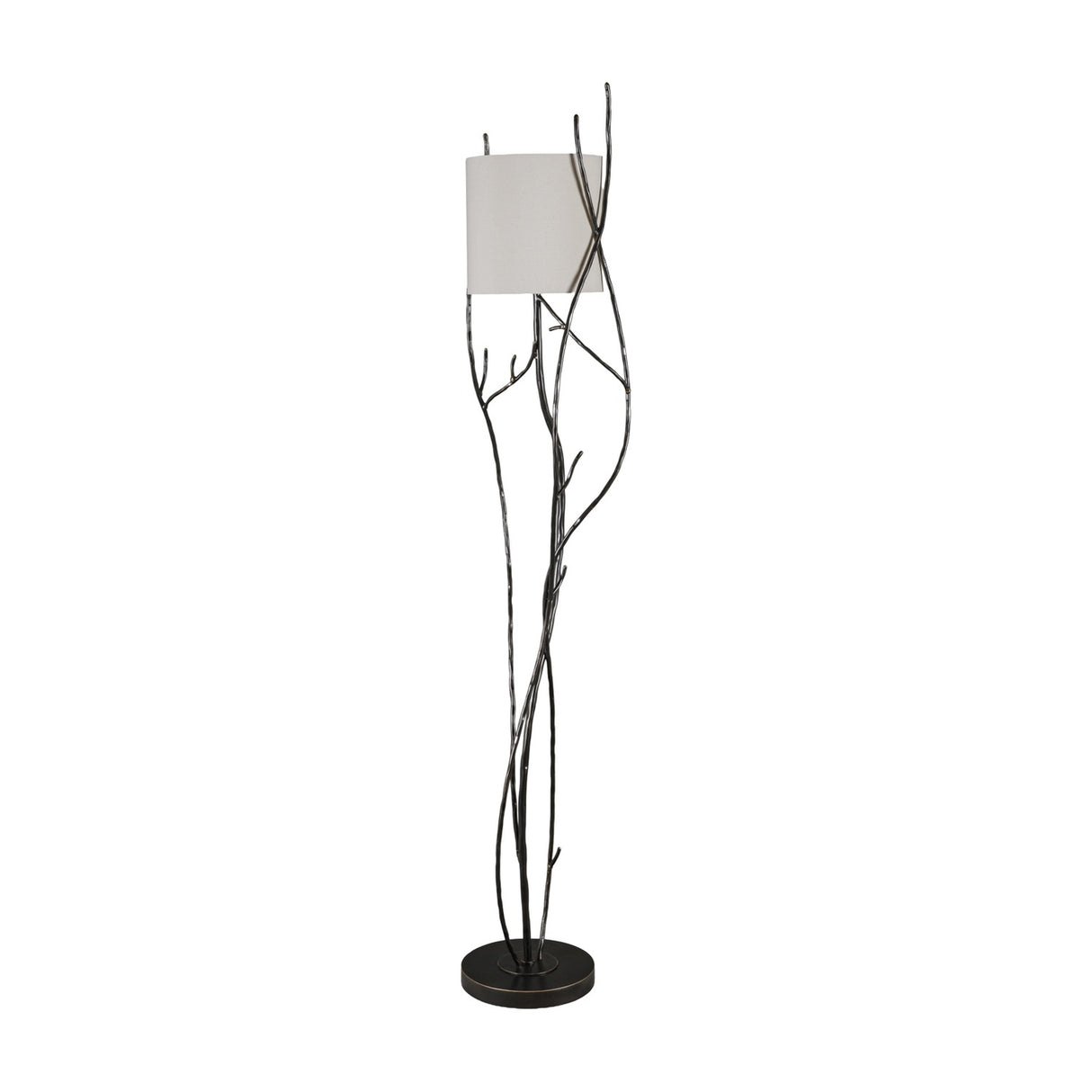Libra Interiors Branch Iron Blackened Floor Lamp in black with hand-forged twisting iron branches, round base and linen drum shade on a white background.