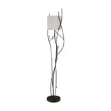 Libra Interiors Branch Iron Blackened Floor Lamp in black with hand-forged twisting iron branches, round base and linen drum shade on a white background.