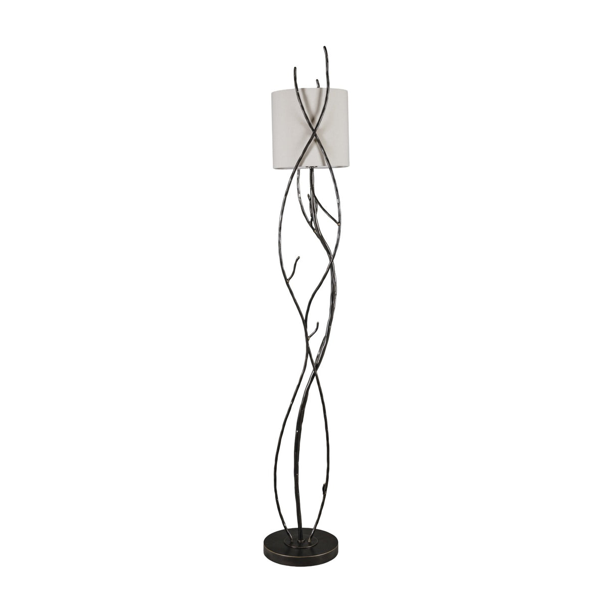 Libra Interiors Branch Iron Blackened Floor Lamp with hand-forged intertwined black iron branches and a round linen shade, shown on a plain white background.
