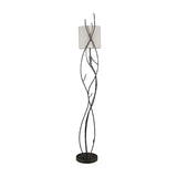 Libra Interiors Branch Iron Blackened Floor Lamp with hand-forged intertwined black iron branches and a round linen shade, shown on a plain white background.