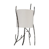 Libra Interiors Branch Iron Blackened Floor Lamp in black with hand-forged iron branch frame and round linen shade, shown on a plain white background.