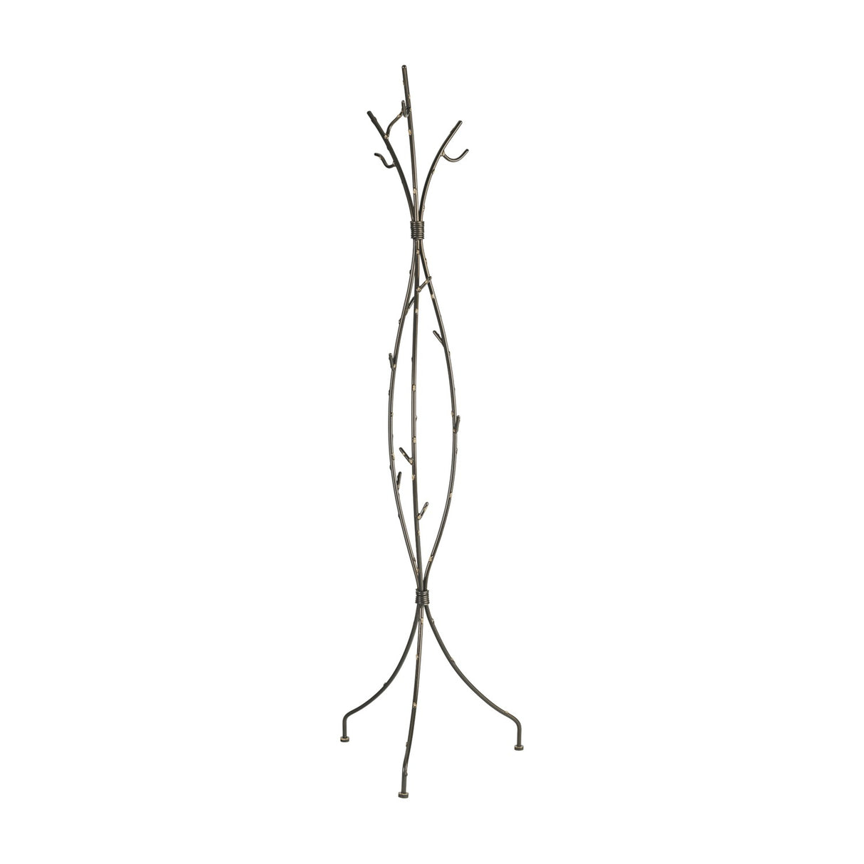 Libra Interiors Branch-Style Iron Tripod Coat Stand in black with bronze highlights, featuring sculptural branch hooks and a tripod base on a white background.