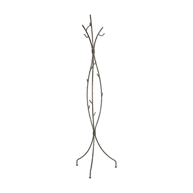 Libra Interiors Branch-Style Iron Tripod Coat Stand in black with bronze highlights, featuring sculptural branch hooks and a tripod base on a white background.