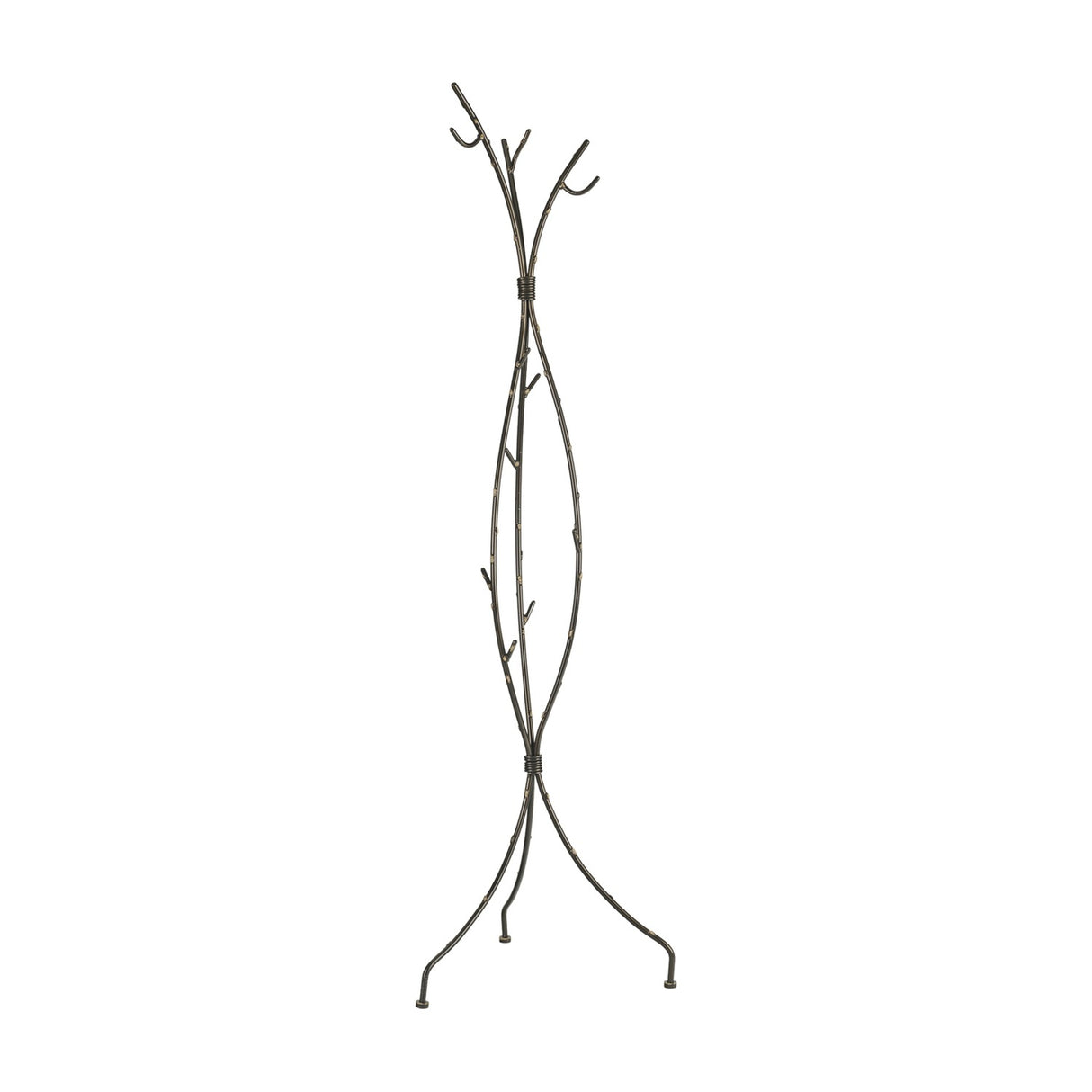 Libra Interiors Branch-Style Iron Tripod Coat Stand in black with bronze highlights, hand-forged branch hooks and a tripod base, on a white background.