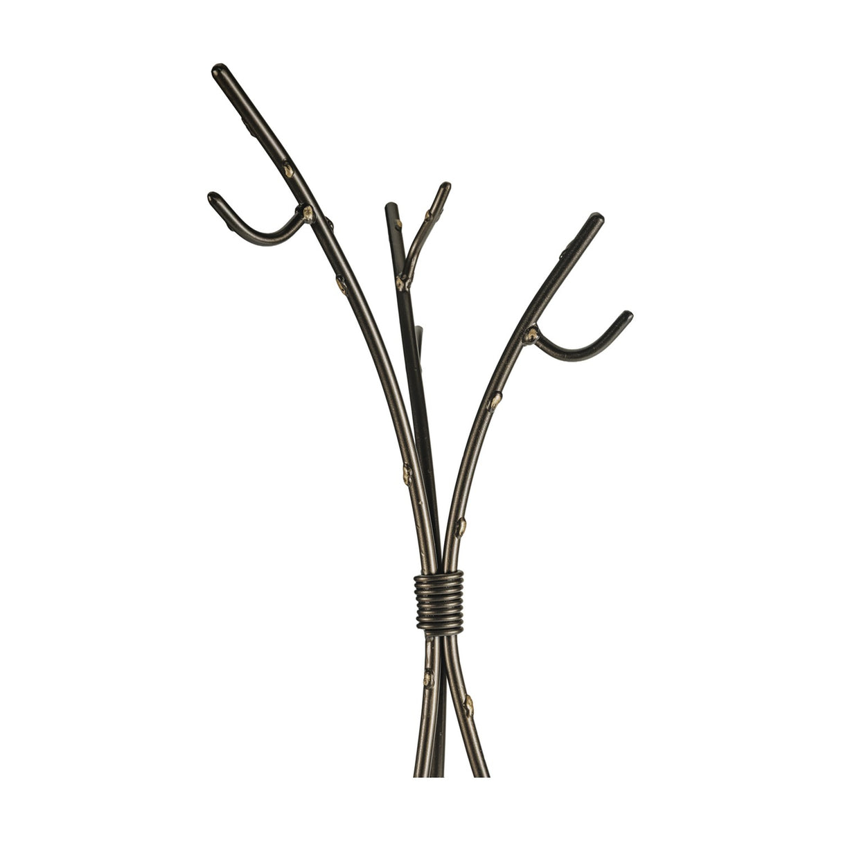 Close-up of Libra Interiors Branch-Style Iron Tripod Coat Stand showing hand-forged black iron branches with hooks and coiled binding, on a white background.